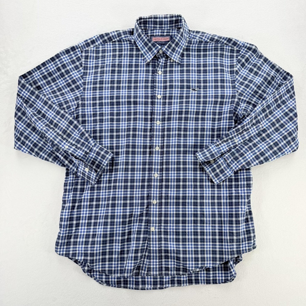 Vineyard Vines Shirt Mens Large Blue Plaid Whale Cotton Button Front Long Sleeve